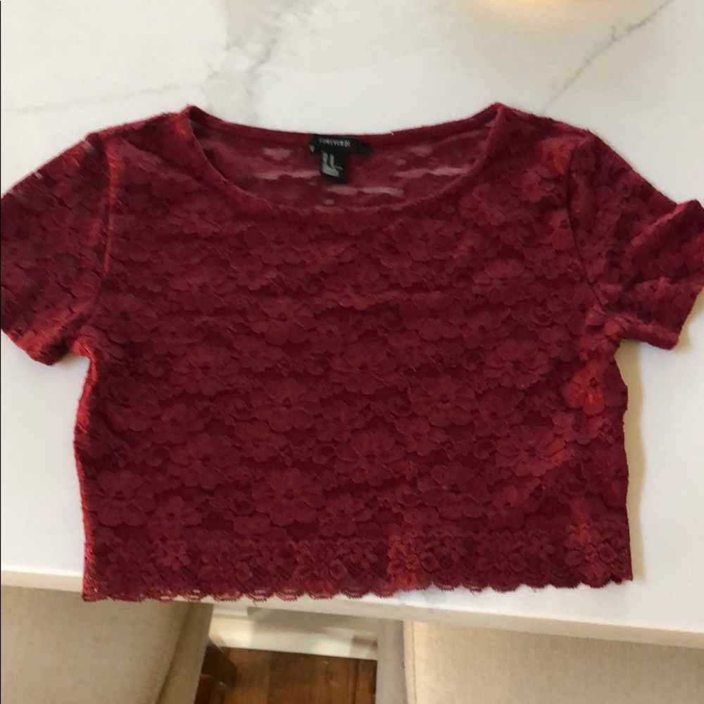 Maroon crop top lace short sleeve